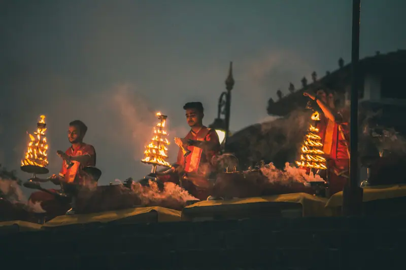 Priests performing the evening Ganga aarti at Varanasi