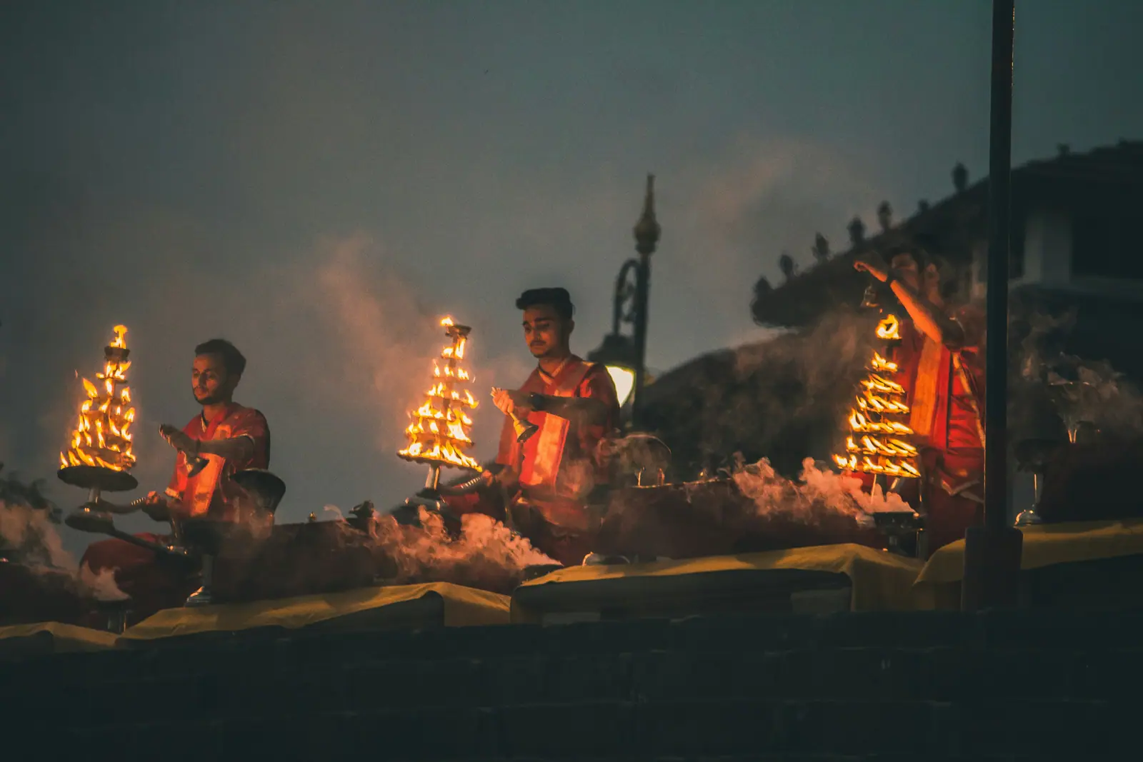 Evening Ganga aarti lamps at the Varanasi ghats