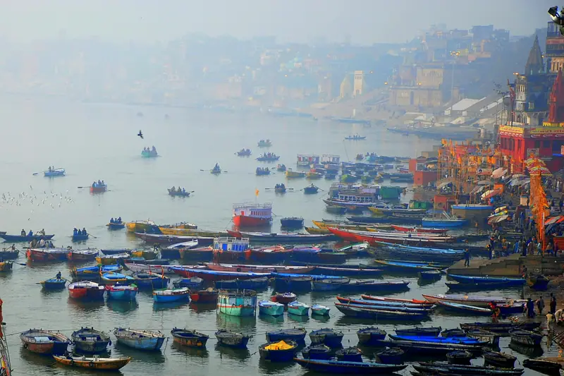 Aerial view of the Varanasi ghats and boats on the Ganga