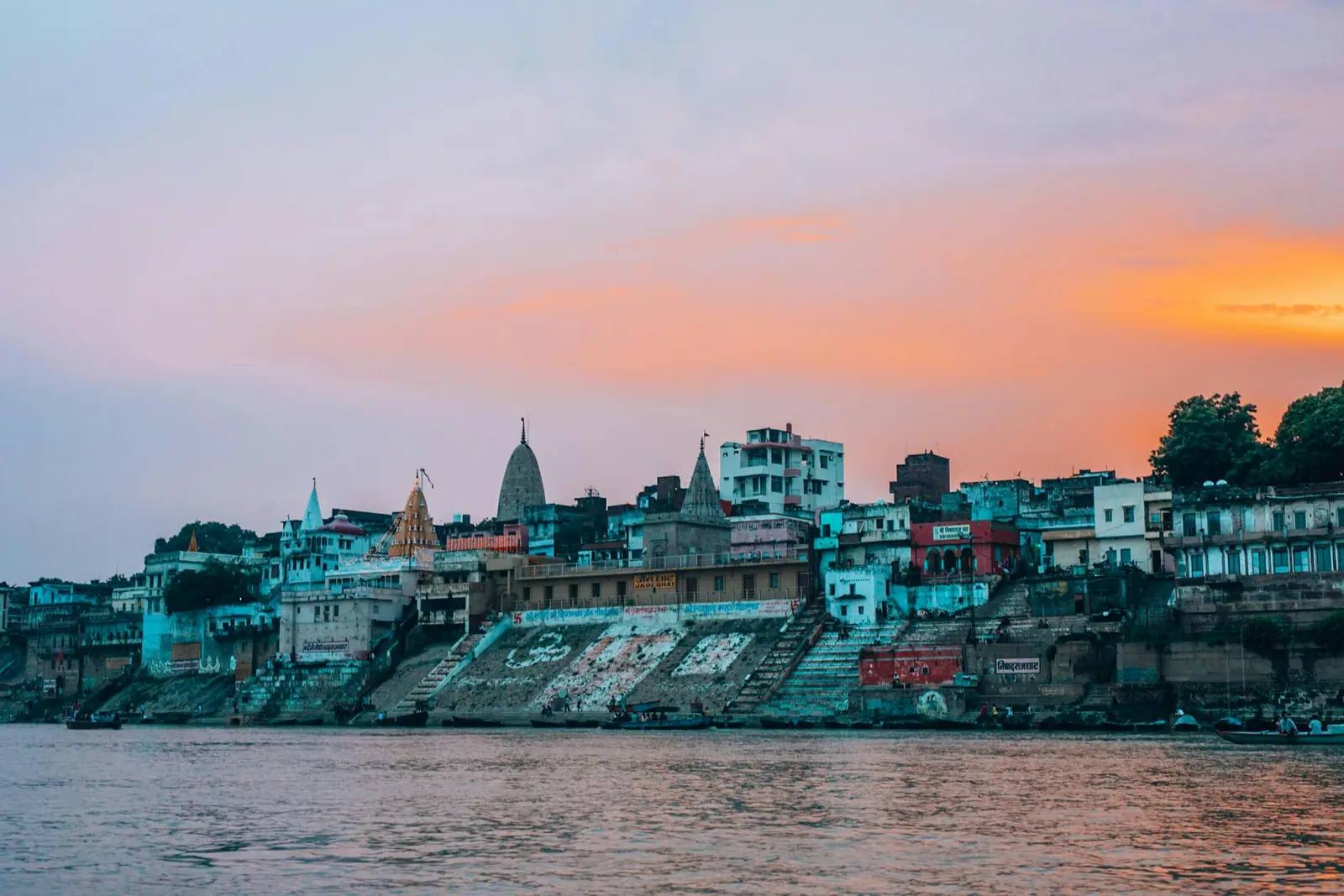 Golden sunset over the Varanasi ghats and the Ganga river