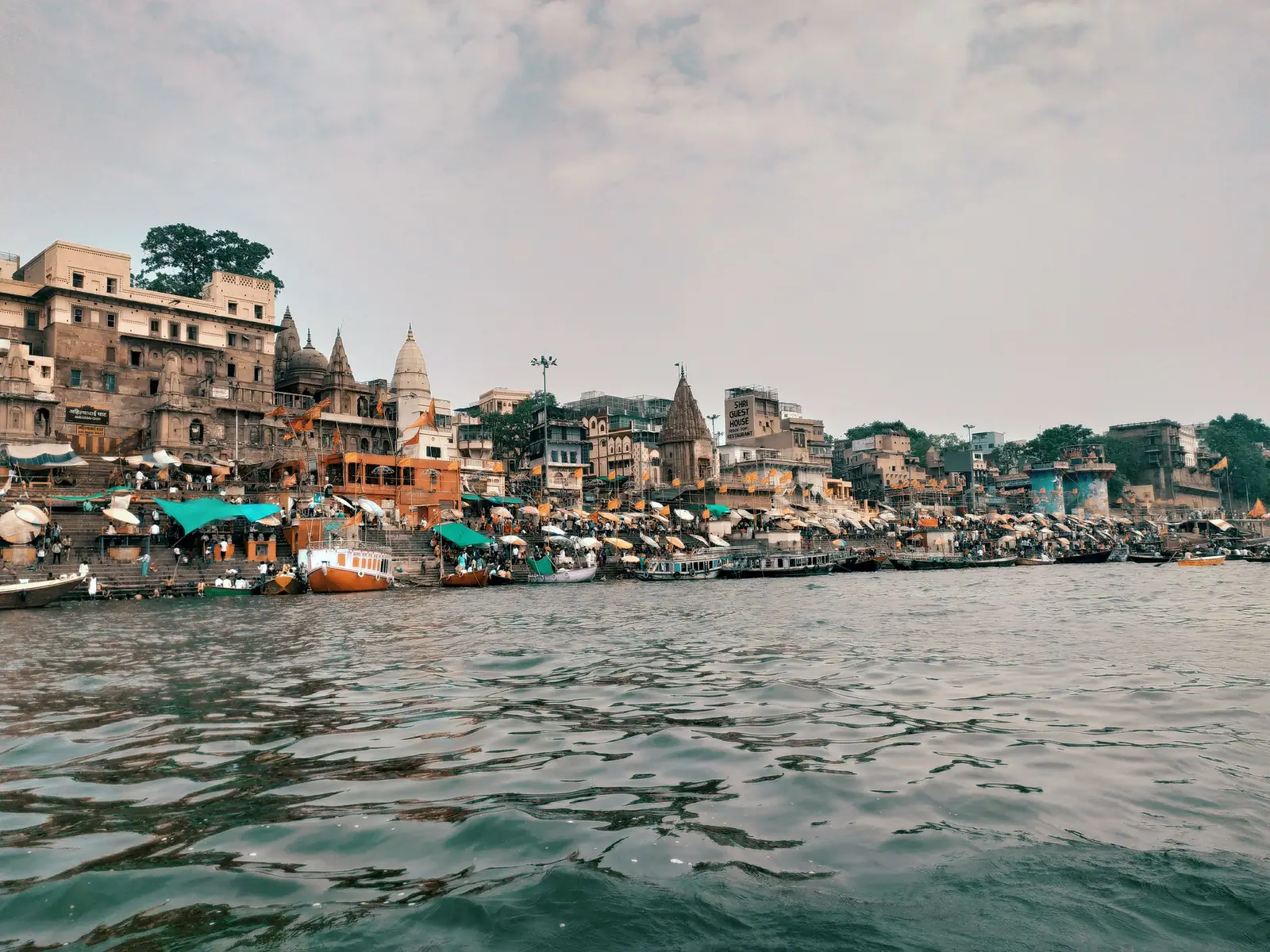 Panorama of the Varanasi ghats seen from the Ganga